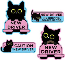 4PCS Black Cat New Driver Car Magnet, Cute Reflective Student Driver Sign for Ca