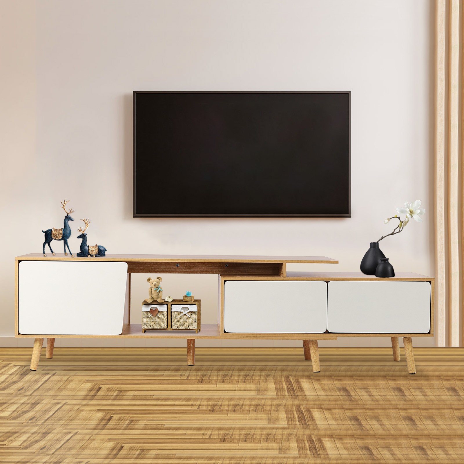 Wood Entertainment Units Center Media Console Storage Shelf 