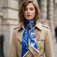 Burberry Rose Printed Silk Scarf Blue White Floral Skinny Preppy Classic