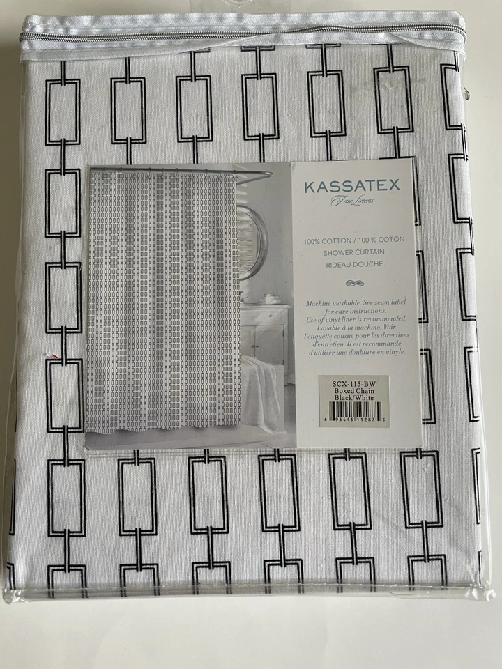 Cortina de ducha de tela con patrón de eslabones negros/blancos Kassatex 100 % algodón 72 X 72 - Nueva Foto 2 de 2