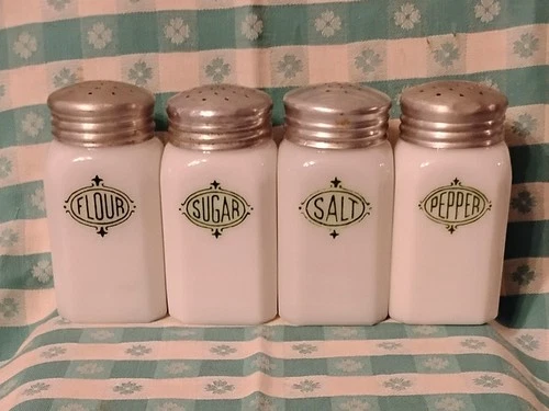 Vintage Hazel Atlas milk glass flour sugar salt pepper shaker set LOWER PRICE **