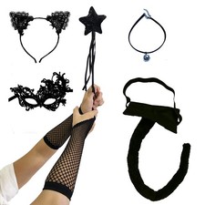 6 Pcs Cat Costume for Halloween Masquerade Black Cat Lace Ears Kitten Tail Ne...