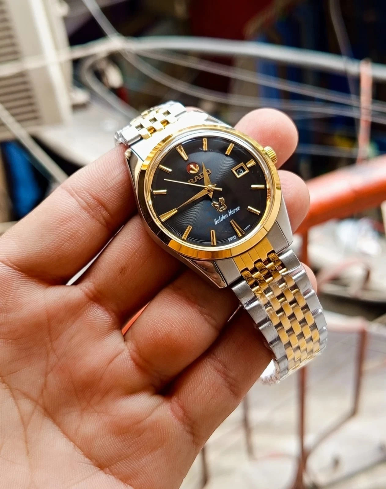 Rado Golden Horse Black Dial Two Tone Day Date Automatic Men"s Watch