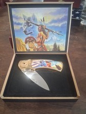 Indian With White Wolf Stainless Folding Lock Blade Pocket Knife.