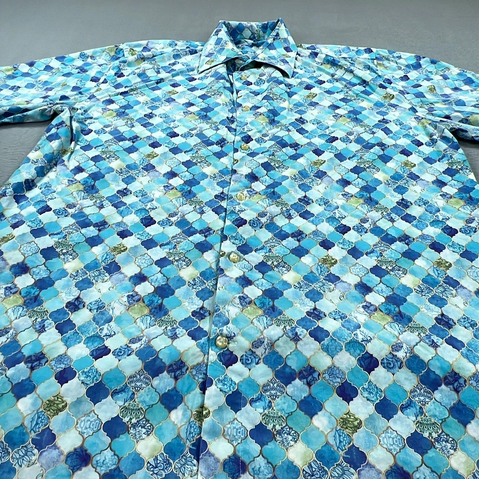 Camisa Coton Doux Para Hombre 17 Azul Estampado Geométrico Manga Larga Botón Delantero Foto 3 de 4