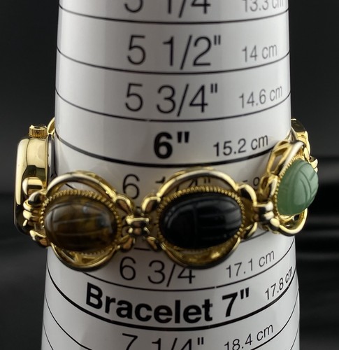 Vintage Lafayette Carved Scarab Gemstone Gold Tone Watch MOP Dial Art Deco - Bild 15 von 16