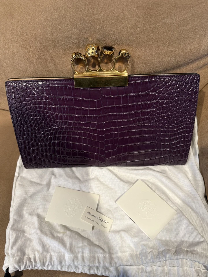 Alexander McQueen Burgundy Croc Embossed Leather Bejeweled Skull Knuckle Clutch - Image 2 of 4