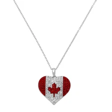 Finecraft Canada Flag Heart Pendant with Crystals in Sterling Silver, 18"
