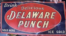 ca.1930s 1940s DELAWARE PUNCH Soda Metal Enamel SIGN w/ Raised Letters! 23.5
