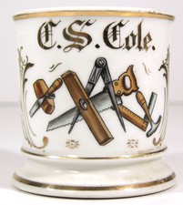c1900 HAND PAINTED CARPENTER OCCUPATIONAL SHAVING MUG - ANTIQUE CARPENTERS TOOLS