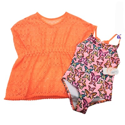 Wonder Nation Girls Peach 1 Pc Swimsuit w/Lacy Crochet Kaftan Cover Up-4/5