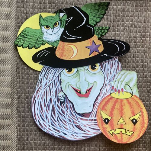 Lot 6 Vintage Halloween DieCut Out Decorations Witch Scarecrow Pumpkin Black Cat - Picture 4 of 12