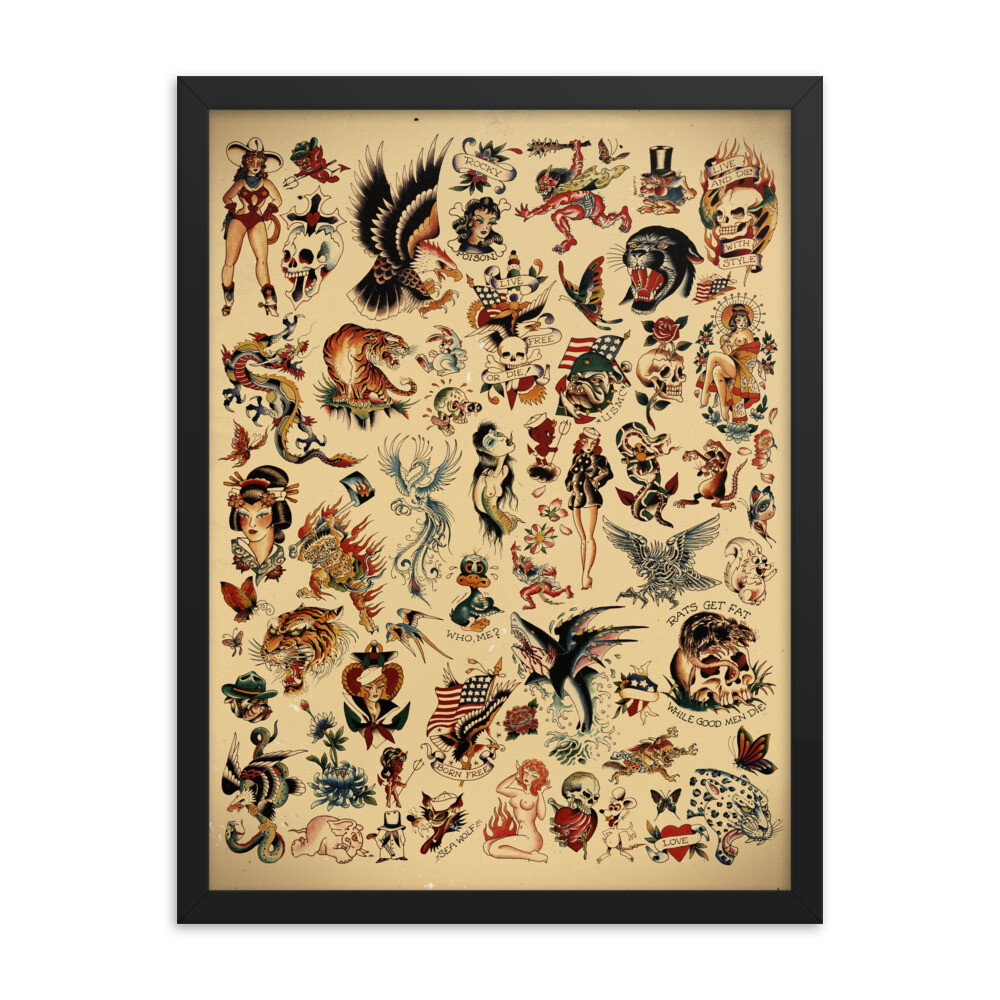 額縁 Old school tattoo FLASH graphic 18x24 Framed Print - Sailor Jerry x Ed Hardy Old School