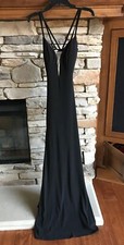 NWT 298 LA FEMME 27072 Plunging Strappy Back High Slit Fitted Gown Black SZ 0