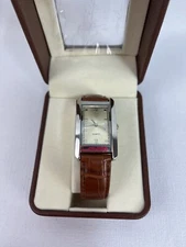 NOS Silver Tone Gold Tone Brown Faux Leather Band Rectangle Watch