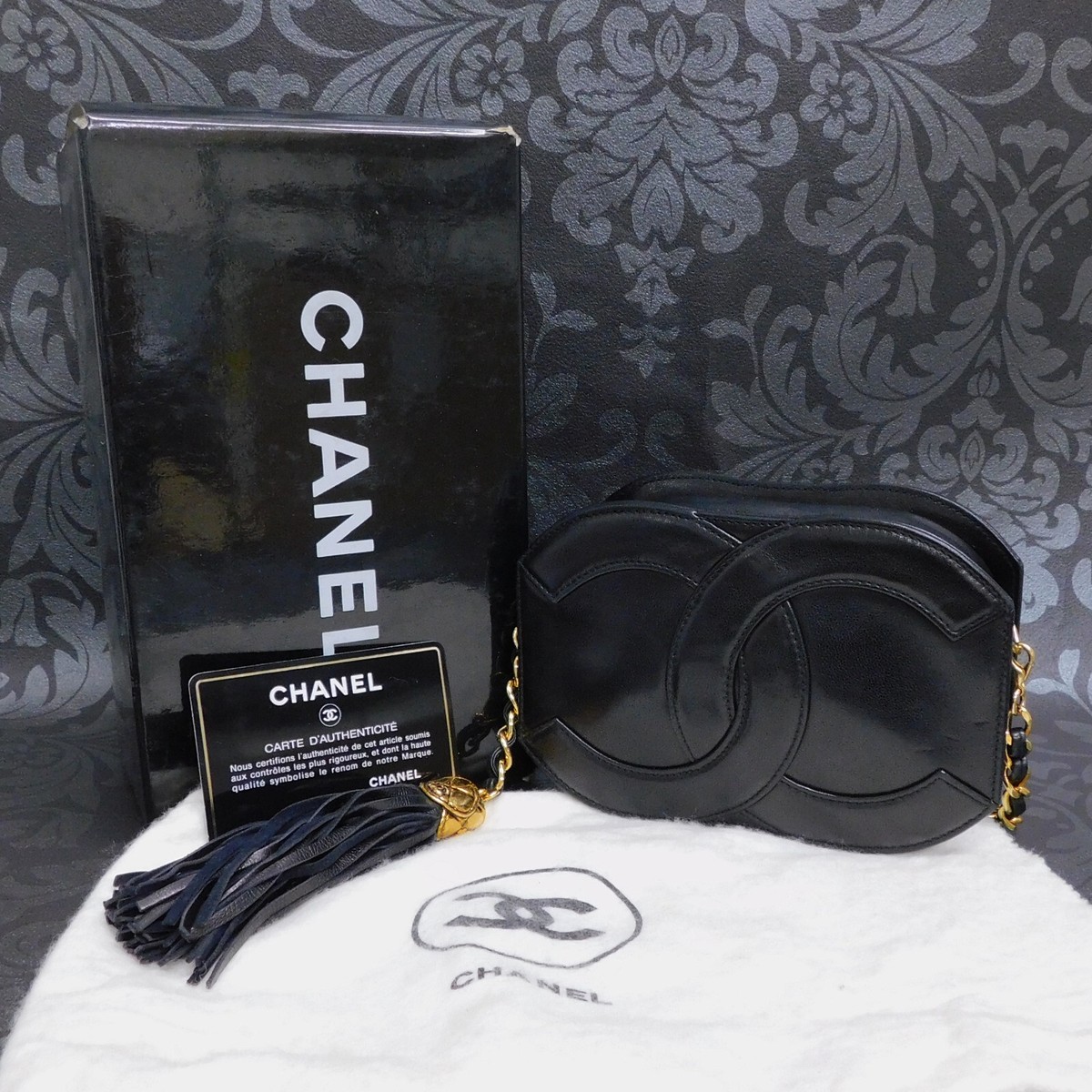 CHANEL Lamb Skin Big Coco Mark Tassel Fringe Chain Shoulder Bag