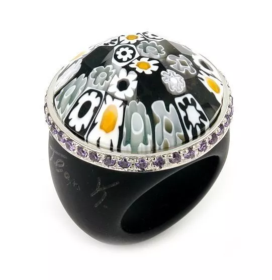 ALAN K GRAND COLLECTION Black Large Ring. Millefiori Murano Glass Purple CZ