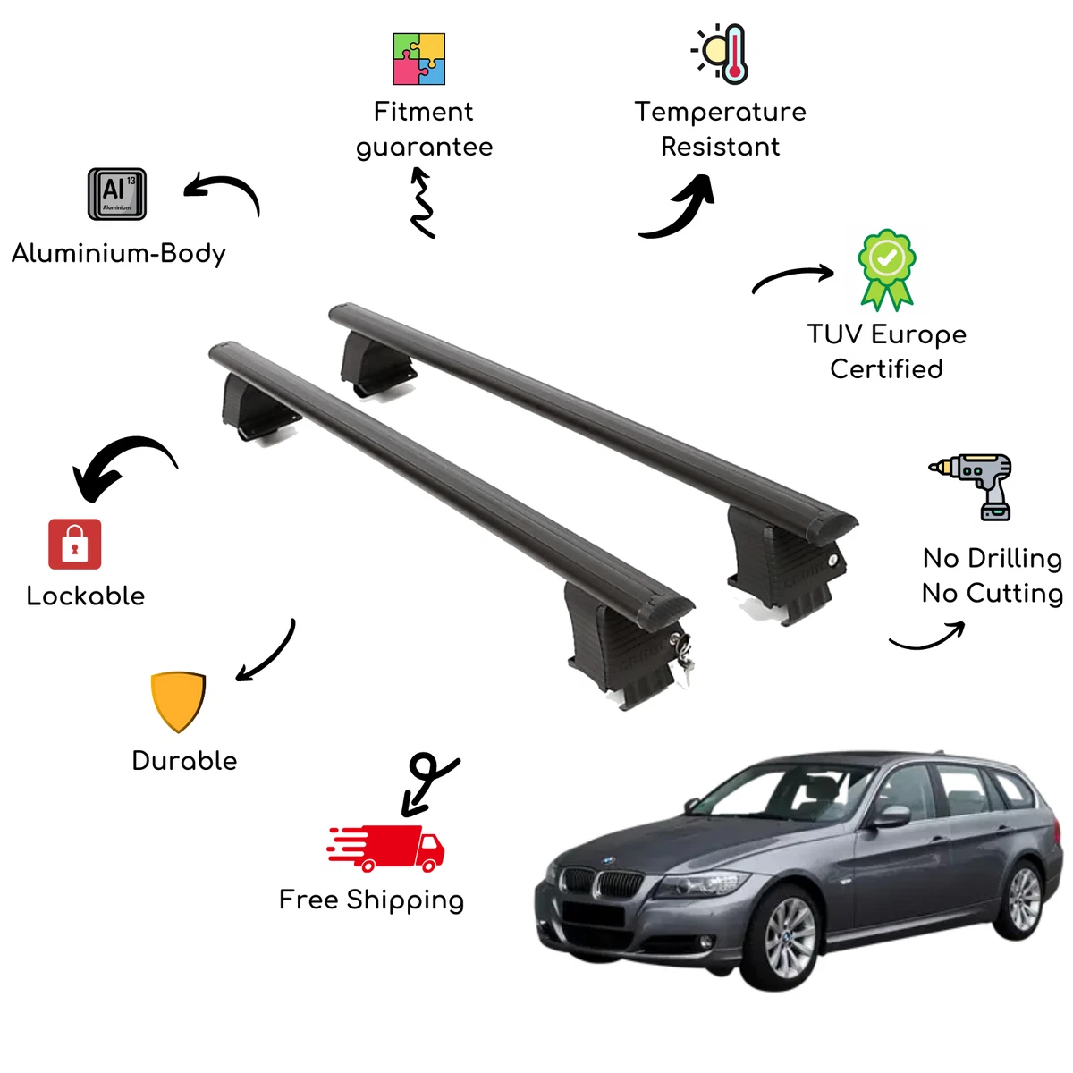 Bare Roof Rack Cross Bars Set for BMW Serie 3 E90 4 Door 05 12 Black