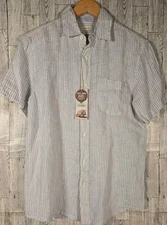 Panama Jack Shirt SMALL Mens 100% Linen Blue Stripe European Grown Flax NEW