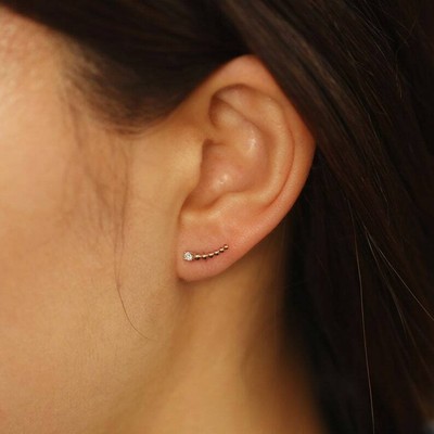 Beaded Climber Earrings, Diamond Climber Studs, 14K Gold Diamond Single or Pair