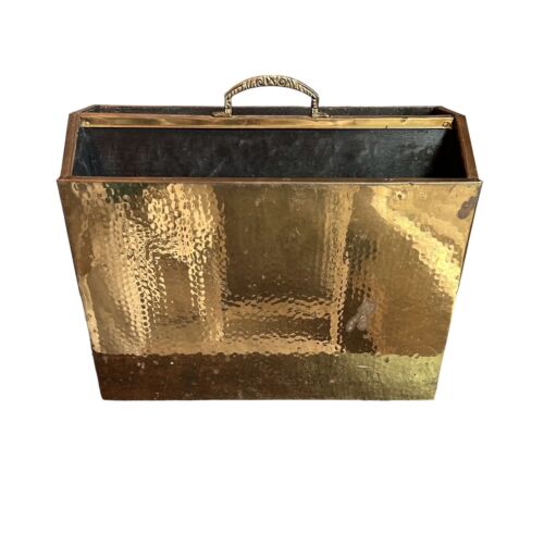 Vintage Hammered BRASS Magazine Holder With Handle Library Classic Boho Decor