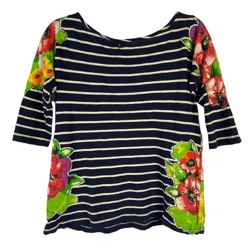 Meadow Rue Anthropologie Top XS Navy Blue Stripe Knit Floral Applique 3/4 Sleeve - Picture 3 of 11
