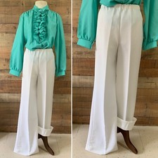 Vintage 1970s White Pull On Bell Wide Leg Trouser Polyester Pants Sz Medium