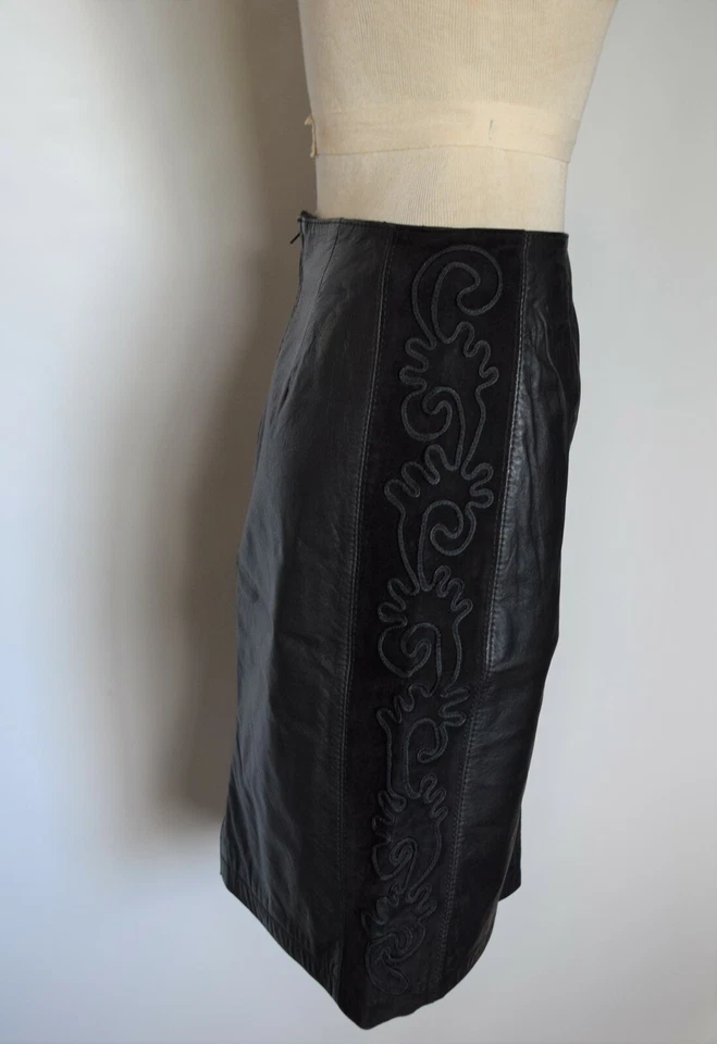 Falda lápiz para mujer G-3 cuero negro genuino bordado geométrico gamuza talla 7 Foto 4 de 4