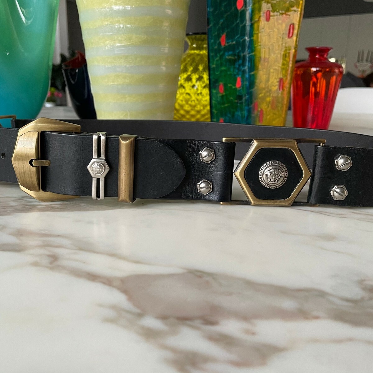 GIANNI VERSACE belt black leather w/ Medusa head size 85/34