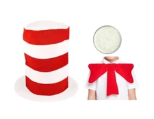 KIDS ADULTS CAT IN THE HAT FANCY DRESS HAT BOW TIE RED & WHITE STRIPED BOOK DAY