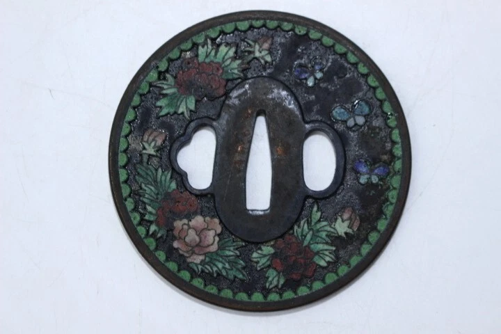Fuchi Kashira Cloisonné Un par de diseño de patrón de flores Tsuba Samurai Japón Foto 2 de 4