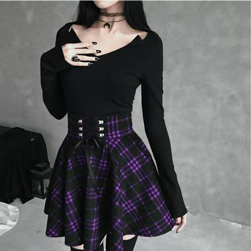 Womens Gothic Pleated Plaid Skirts A-line Girls Punk Mini Skirt Dress  Clubwear