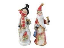 Old World Santa & Snowman Cardinal On Skirt Christmas Decor Ceramic 8 1/8” T