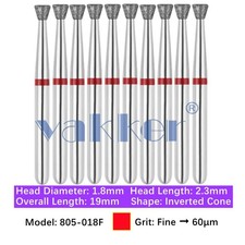 Vakker 10pc Dental 805-018F Fine FG Diamond Burs Friction Grip Inverted Cone Bur