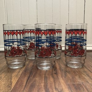 6 VTG PEPSI COLA Tumblers Old Fashioned Style RED BLUE BLACK Stained Glass 70s