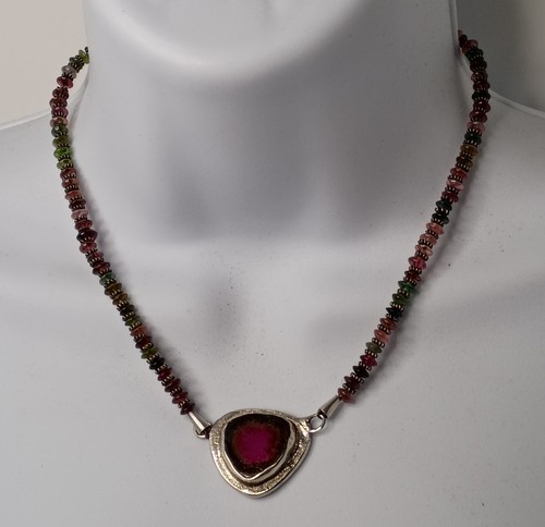 Handcrafted Raw Watermelon Tourmaline Slice with Tourmaline Beads Necklace