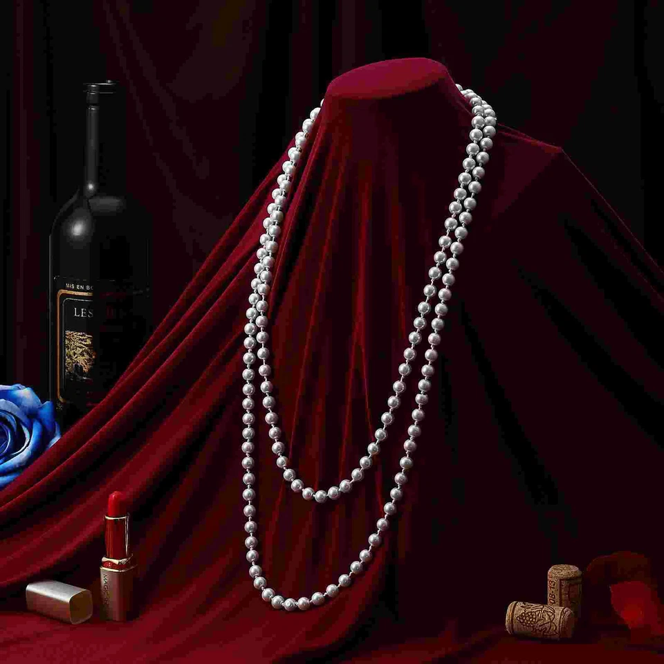 Perlenkette lange Perlen Schmuck Halskette Kostüm Party Dekoration weiß - Bild 3 von 4