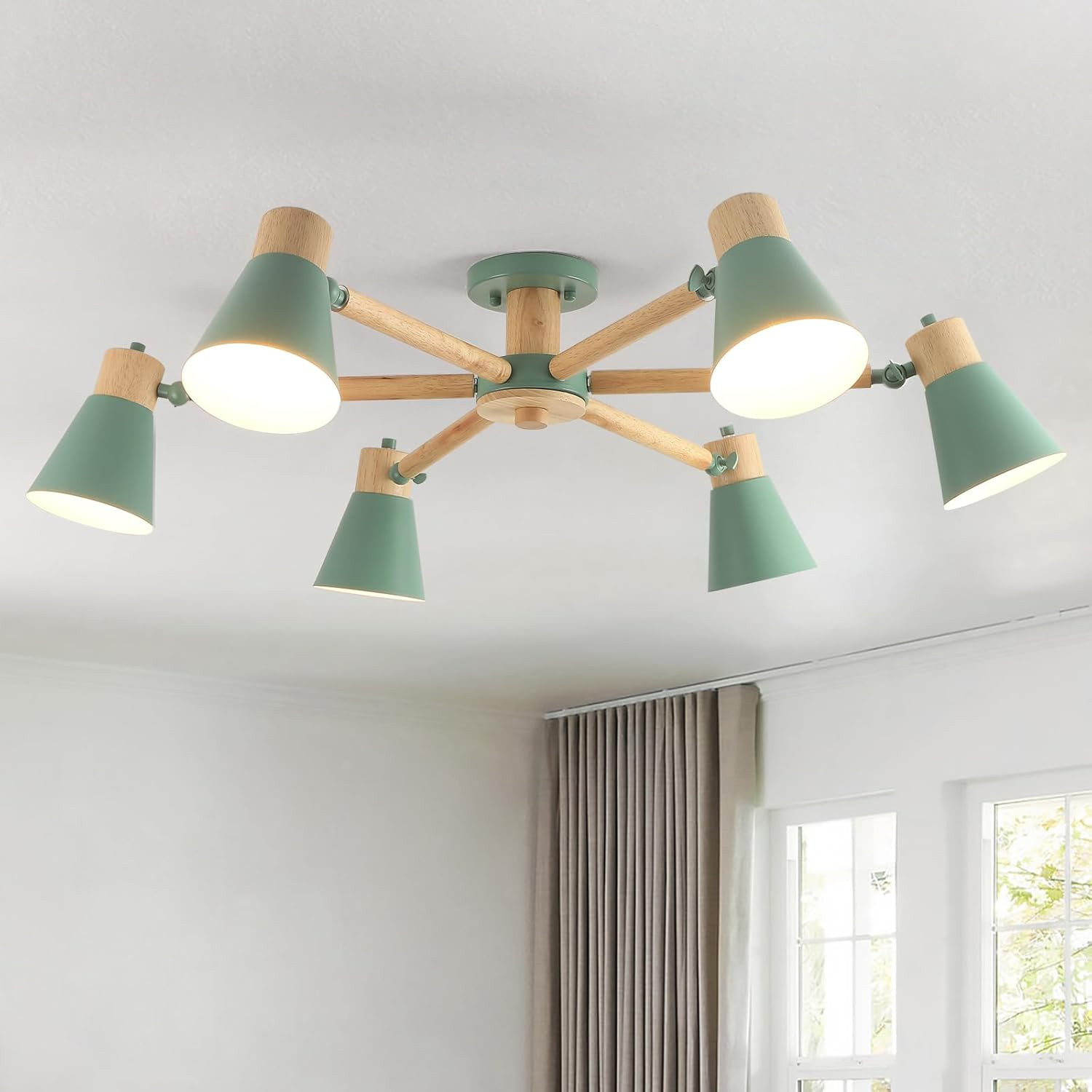 Lampadario 6 Luci Verde Legno e Ferro Soggiorno Bra | Prezzo Shock