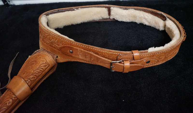 Leather embossed tan gun holster belt with padded lining