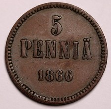 1866 Finland 5 Pennia Coin - Alexander II KM#  4