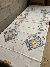 NEW 72in X 90in Table Cloth Cover 6 Chairs White Windows Cat Vase Florals Design