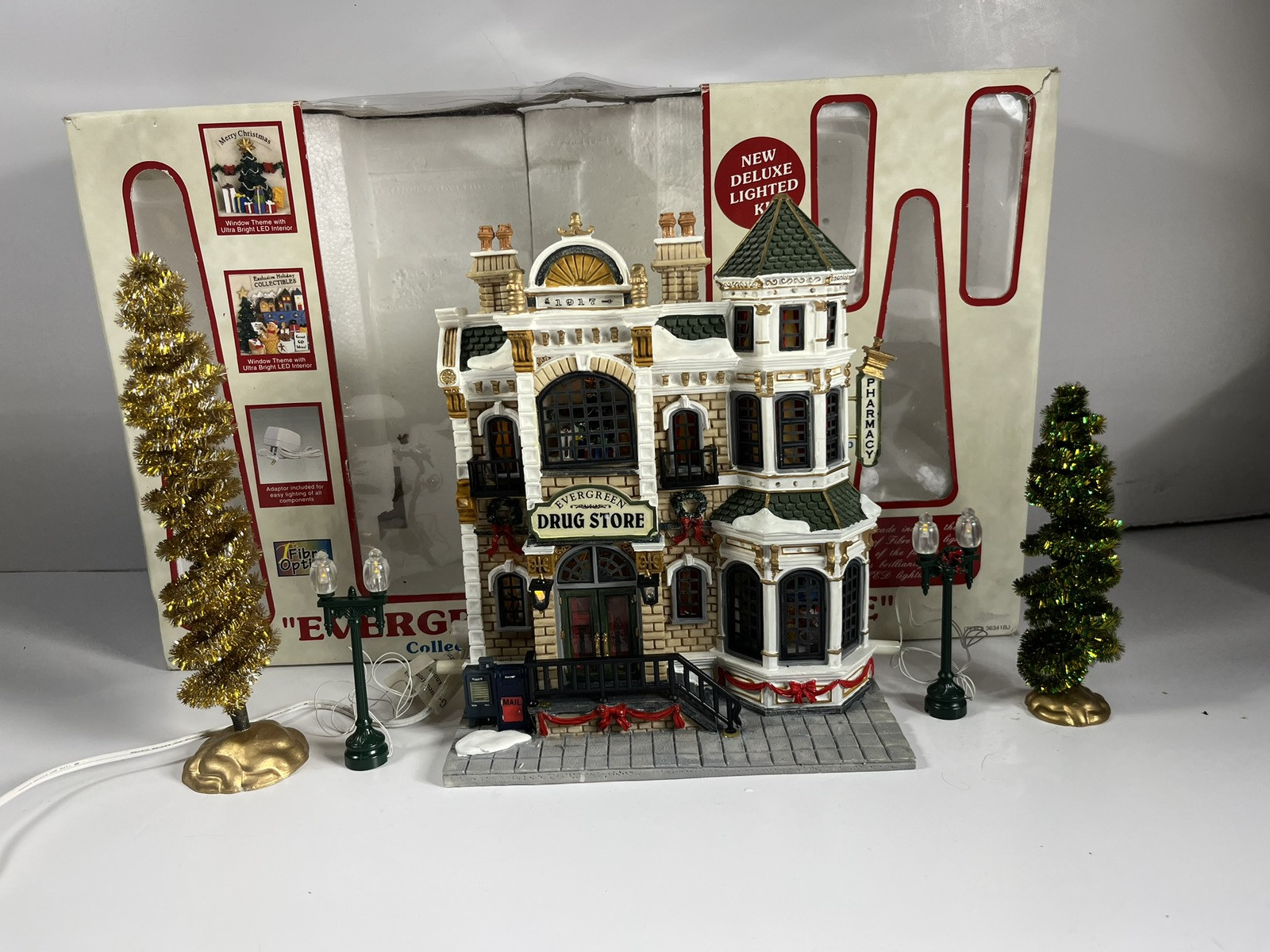 Lemax Essex Street Evergreen Drug Store Facade with Fiber Optic Bonus Trees and Lightpost