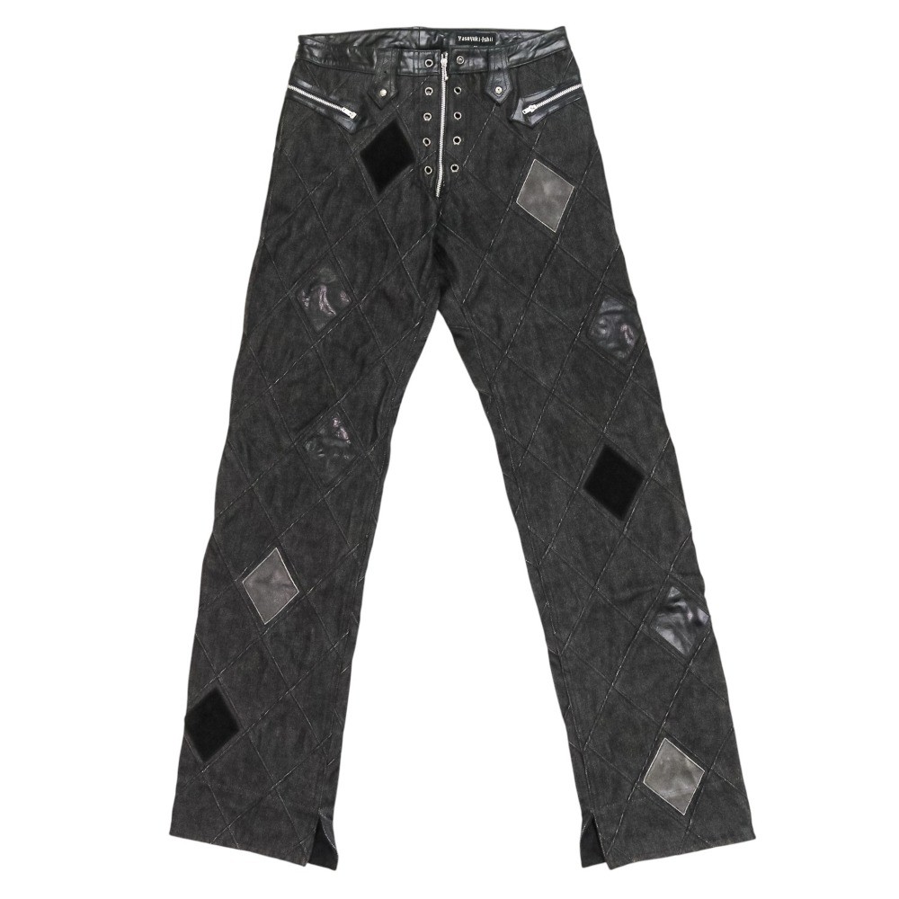 YASUYUKI ISHII Leather Denim Patchwork Pants, Size M, Black mens