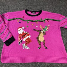 33 Degrees Sweater Womens XL Pink Holiday Santa Reindeer Sequin Embroidered