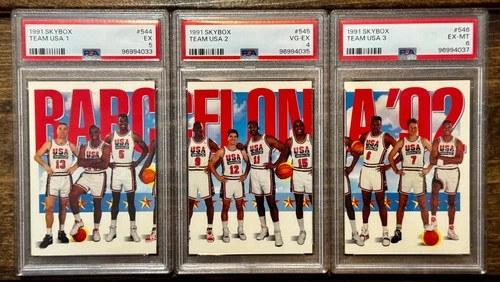 MICHAEL JORDAN 1991-92 SKYBOX TEAM USA 3 CARD GRADED SET #’S 544-546 PSA 5, 4, 6
