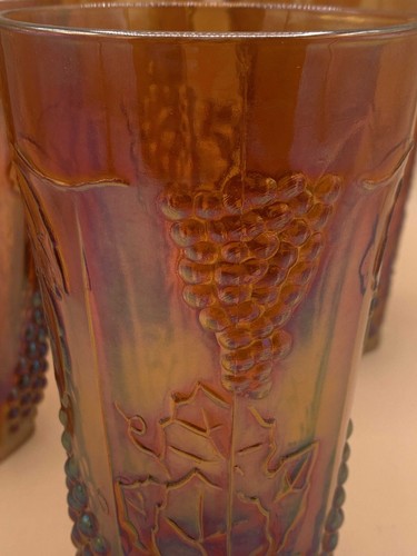 Vintage Indiana Amber Carnival Glass Harvest Grape Pitcher with 4 Glasses Set - Picture 14 of 20