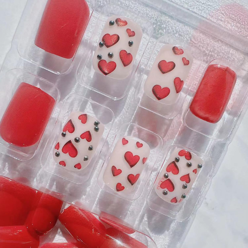 Valentine'S Day Press on Nails Short Square Fake Nails with Red Heart Steel Bead - Picture 3 of 7