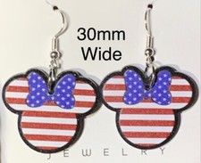 Acrylic Black Glittery Minnie Mouse USA Flag Silver Drop Dangle Earrings