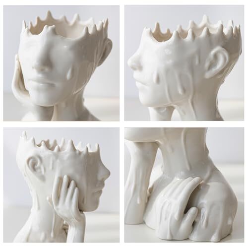White Ceramic Face Vase for Flowers, Female Form Half Body Bust Face