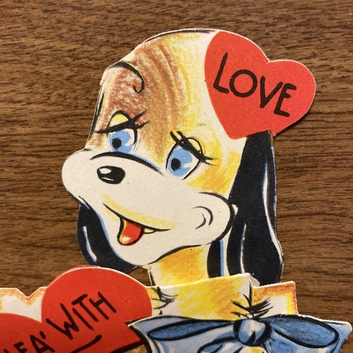 Biglietto di auguri San Valentino vintage anni 40 cane cucciolo "Flea with Me" USA - Foto 2 di 11